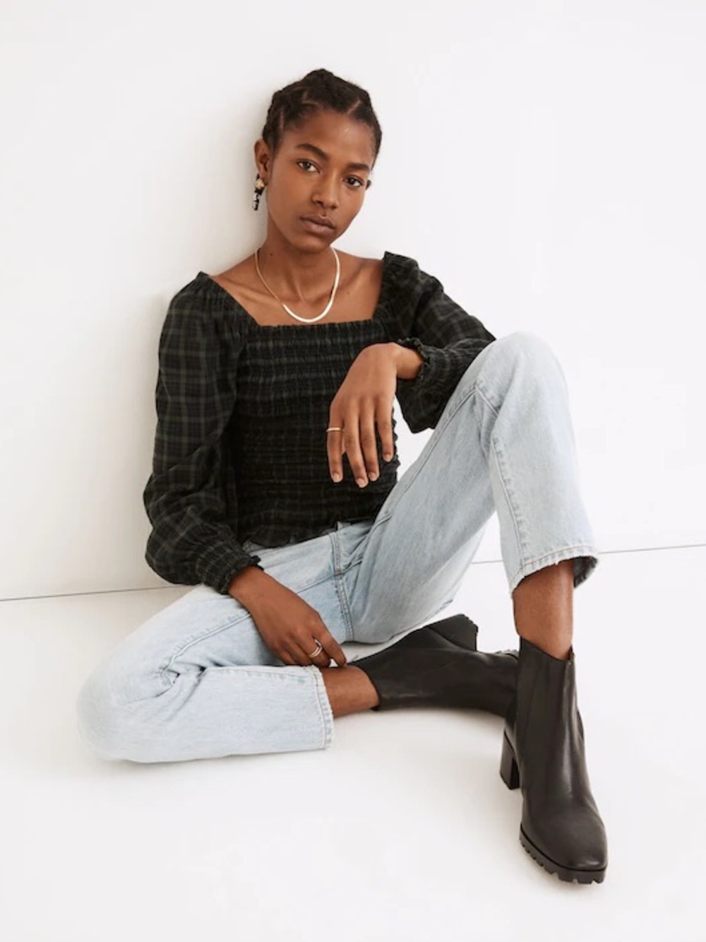 Madewell Lucie Bubble-Sleeve Smocked Top in Forest and Navy Plaid Women’s Large - Picture 1 of 2